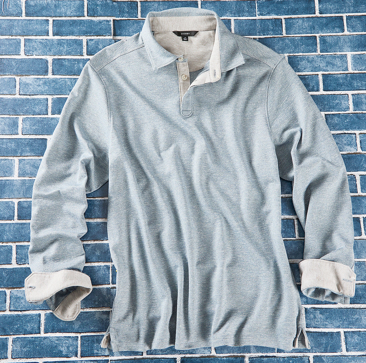 Blue Nicoby long-sleeve Mist Heather polo with two-button placket