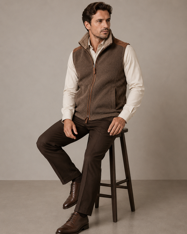A model wearing a brown zip-front sherpa-lined vest over a cream button-up shirt.