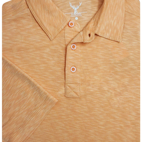 A close-up of a men's short-sleeve polo shirt in a heathered orange color, featuring a three-button placket and a white deer logo on the inner neck label.