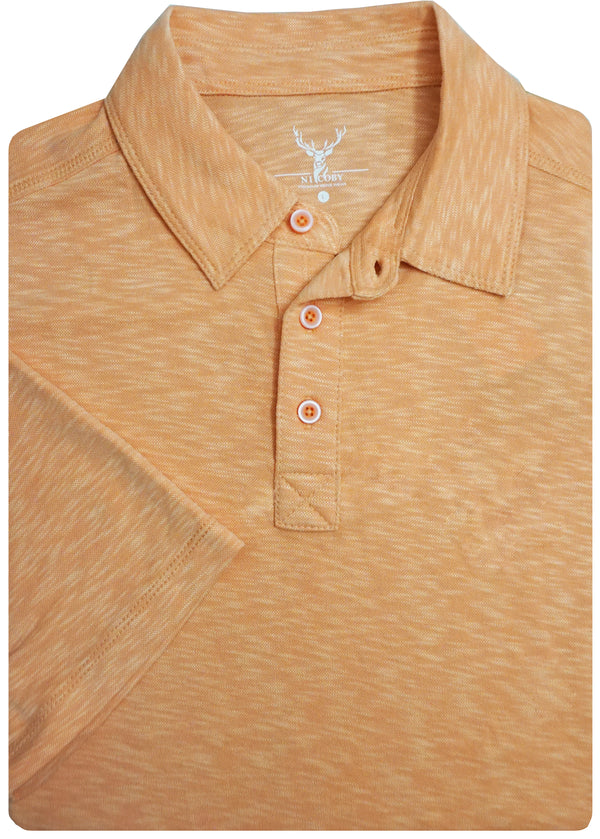 A close-up of a men's short-sleeve polo shirt in a heathered orange color, featuring a three-button placket and a white deer logo on the inner neck label.