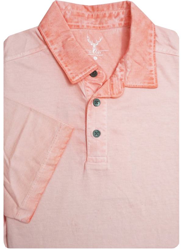 A close-up of a short-sleeve polo shirt in a light peach-pink color, featuring a three-button placket and a white deer logo printed inside the collar.