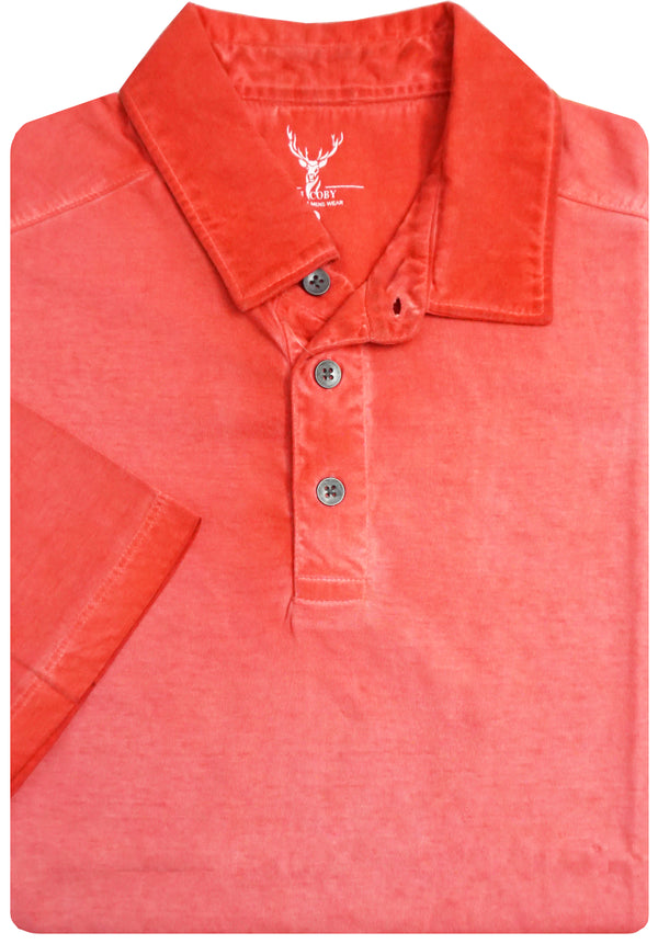 A folded coral orange long-sleeve polo shirt with a three-button placket and a white deer logo printed inside the collar, shown on a plain white background.