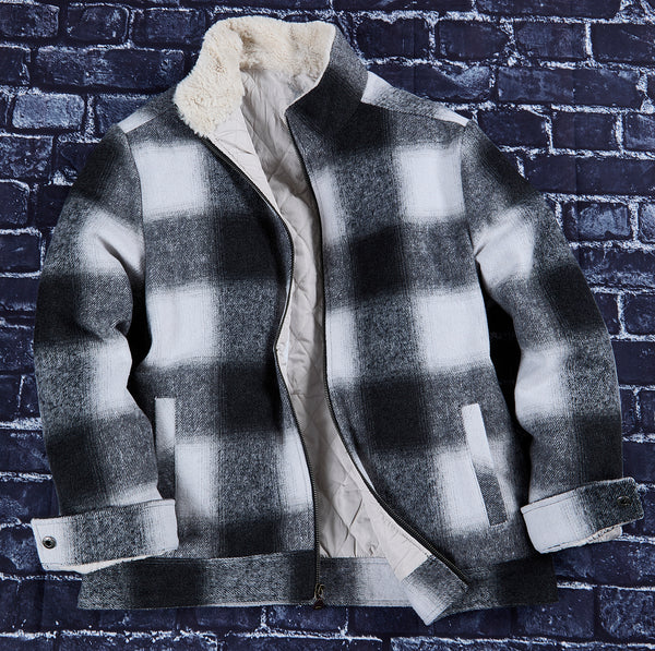 Retro Plaid Jacket with Sherpa-Lined Collar – Black