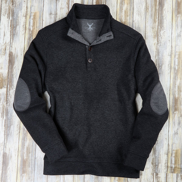 A black long-sleeve pullover sweater with a stand collar, a three-button placket, and contrasting gray elbow patches.