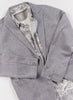 A light gray heathered blazer jacket styled over a white and gray tropical floral print shirt, laid flat on a white background.