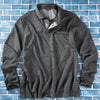 A dark gray textured knit long-sleeve polo shirt with a buttoned collar and a chest pocket.