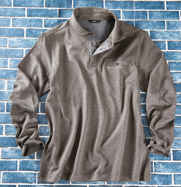 A light gray textured knit long-sleeve polo shirt with a buttoned collar and a chest pocket.