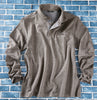 A light gray textured knit long-sleeve polo shirt with a buttoned collar and a chest pocket.