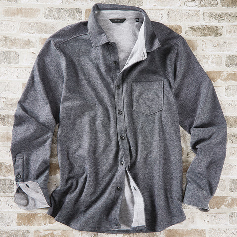 A dark gray heather long-sleeve button-up shirt with a chest pocket.