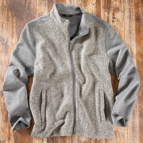 A gray fleece zip-up jacket with heathered gray sleeves and shoulder panels.