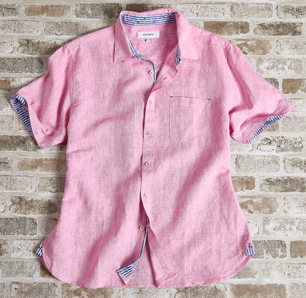 Men's Linen Short-Sleeve Shirt with Print Trim – Coral