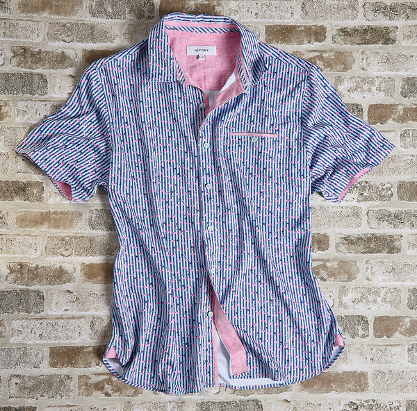 Men's Stretch Printed Short-Sleeve Shirt with Solid Trim – Navy / Pink