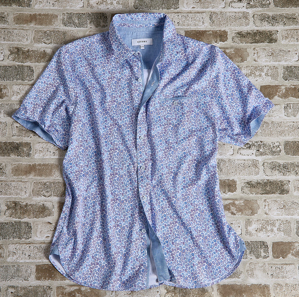 Men's Stretch Printed Short-Sleeve Shirt with Solid Trim – Purple / Sky