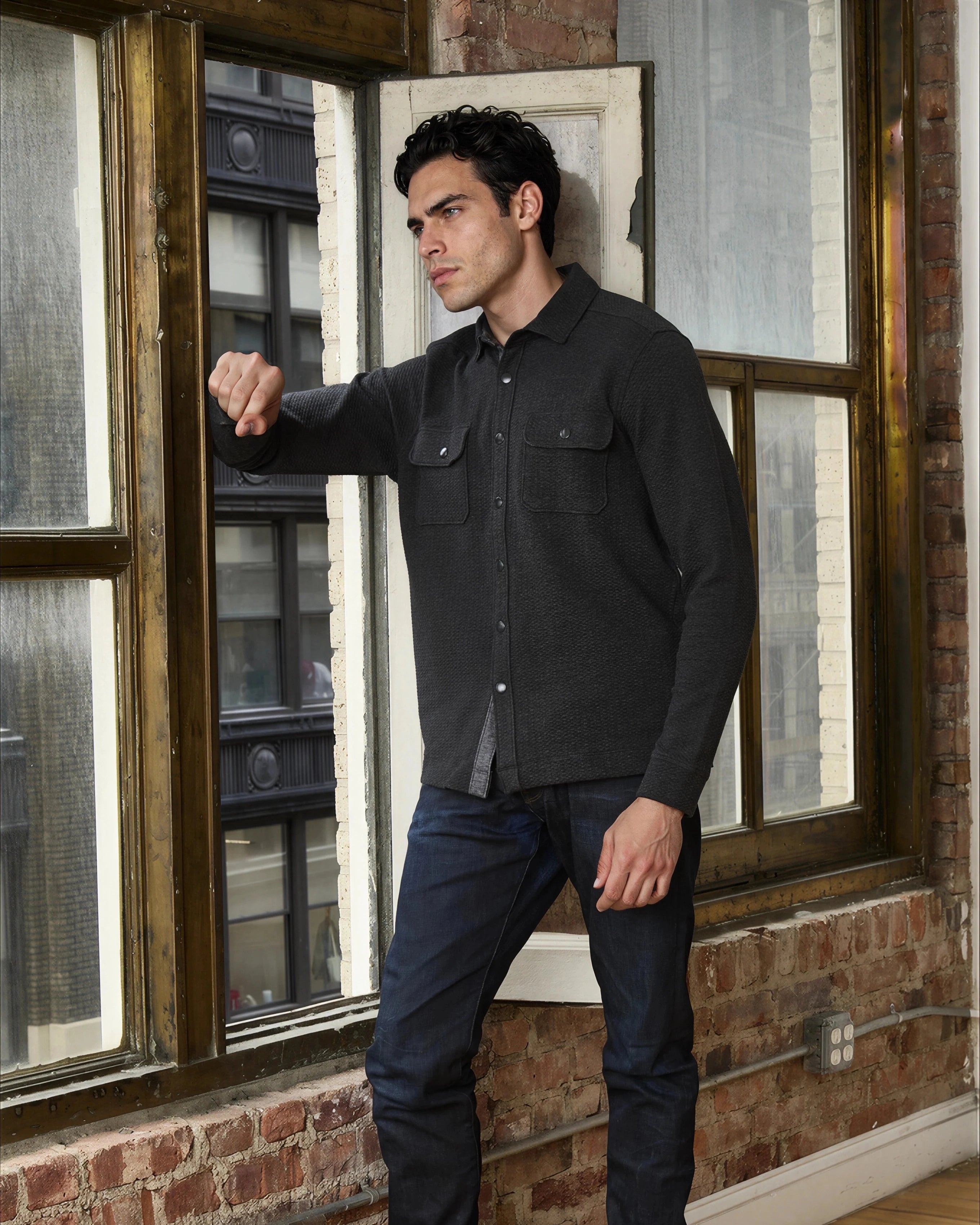 Model wearing the black Snap-Front Knit Overshirt