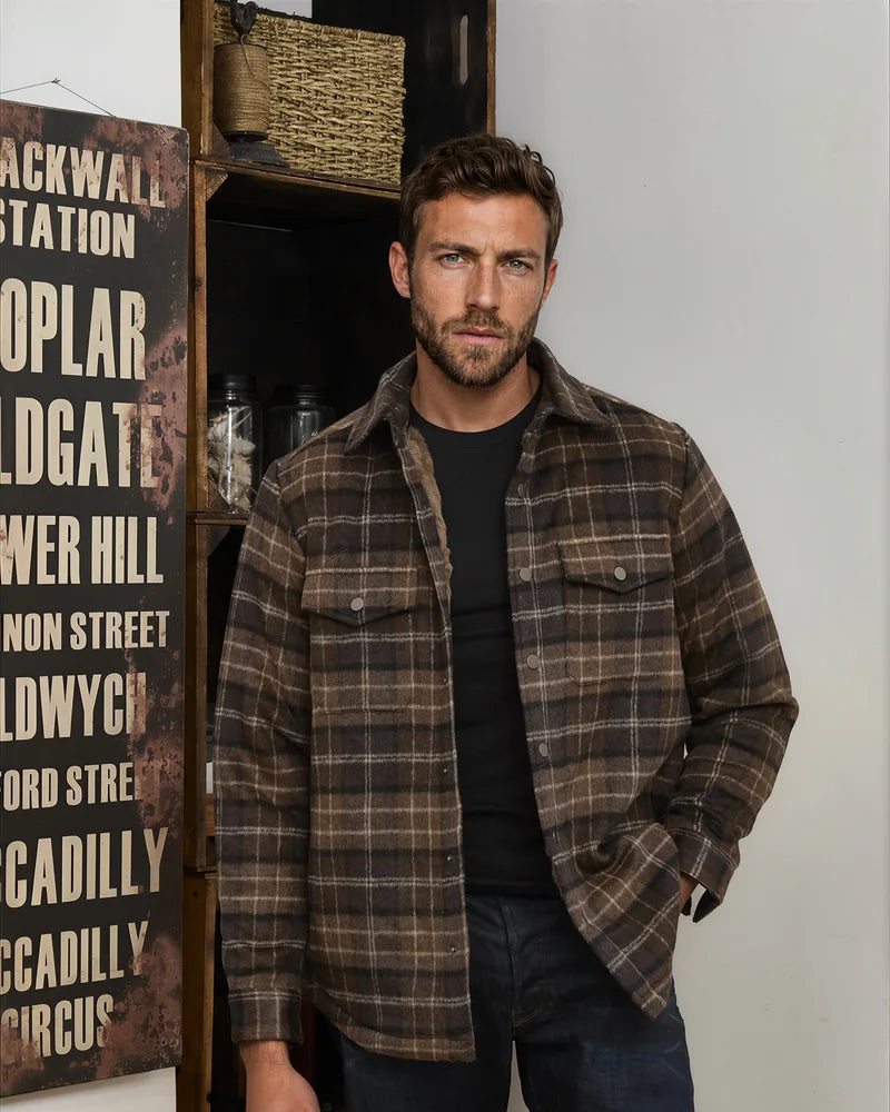 Model wearing a mocha plaid Sherpa-Lined Flannel Shirt Jacket
