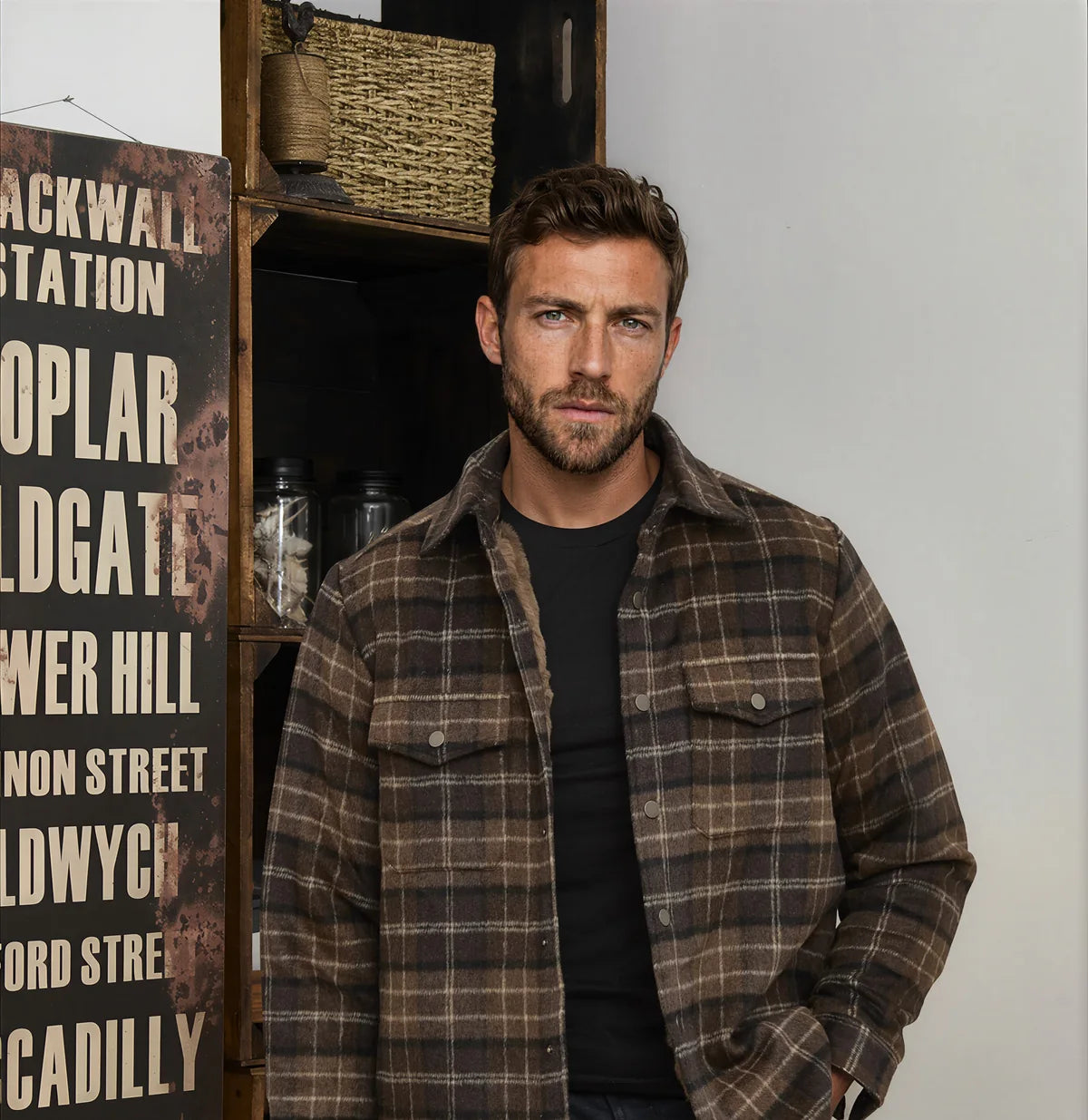 Model in the mocha plaid Sherpa-Lined Flannel Shirt Jacket